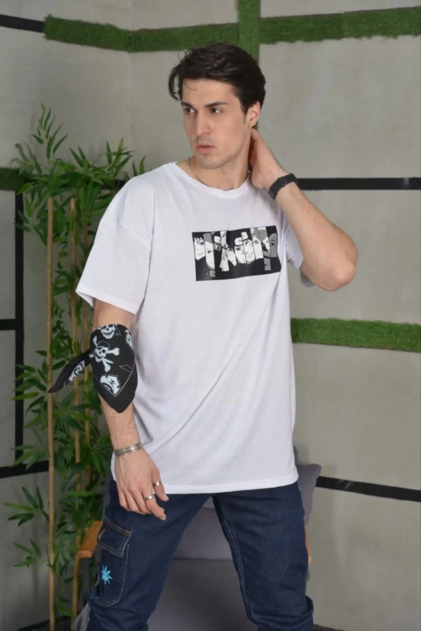 ERKEK Bisiklet Yaka Baskılı Kısa kol  Oversize T-Shirt - Beyaz
