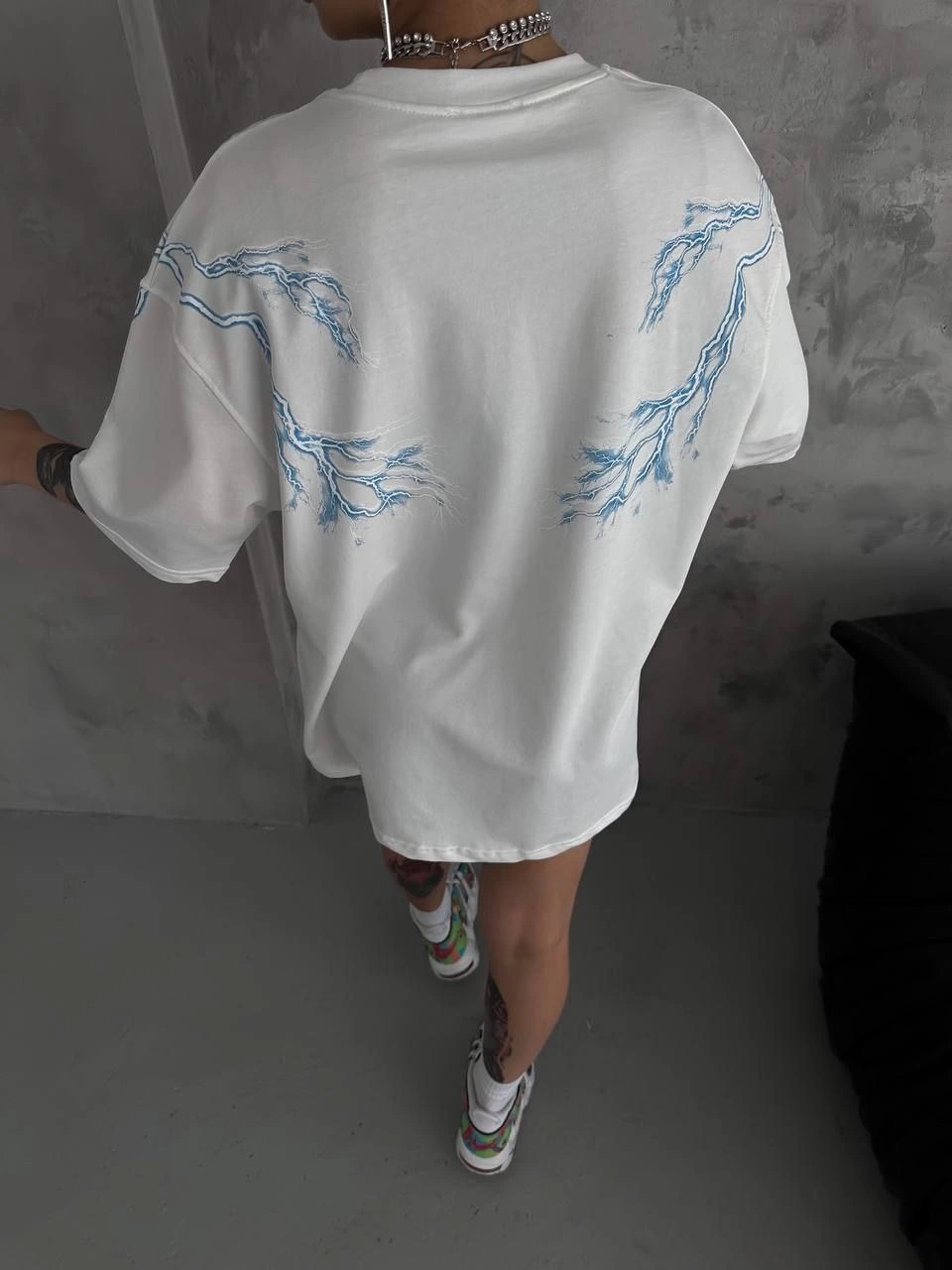 Kadın Bisiklet Yaka Baskılı Oversize  Kısa kol  T-Shirt - Beyaz