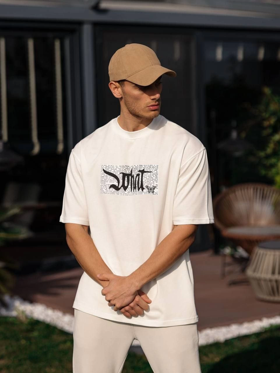 ERKEK Bisiklet Yaka Baskılı Oversize T-Shirt - Beyaz