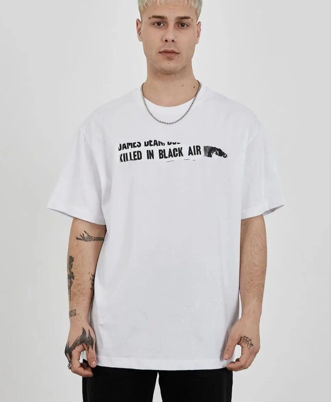 Erkek  Bisiklet Yaka Baskılı Oversize T-Shirt - Beyaz