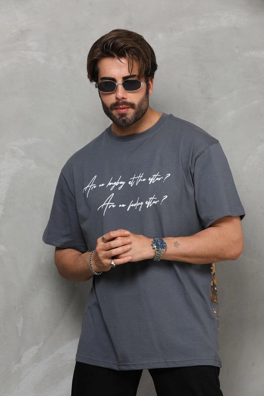 Erkek Bisiklet Yaka Baskılı Oversize T-Shirt - Füme