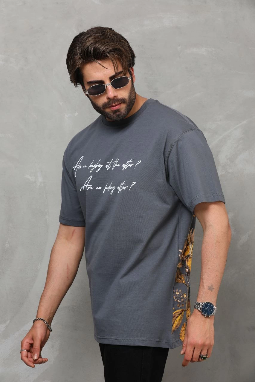 Erkek Bisiklet Yaka Baskılı Oversize T-Shirt - Füme