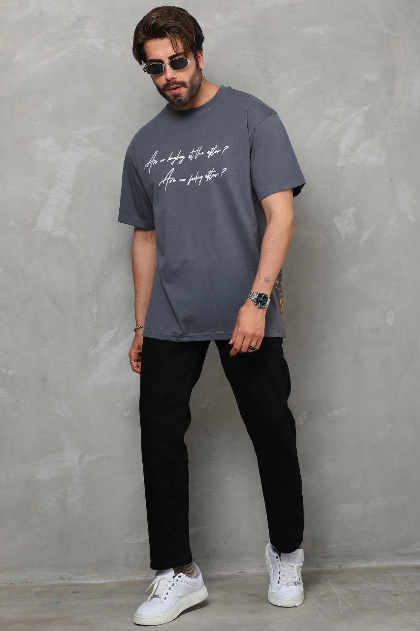 Erkek Bisiklet Yaka Baskılı Oversize T-Shirt - Füme