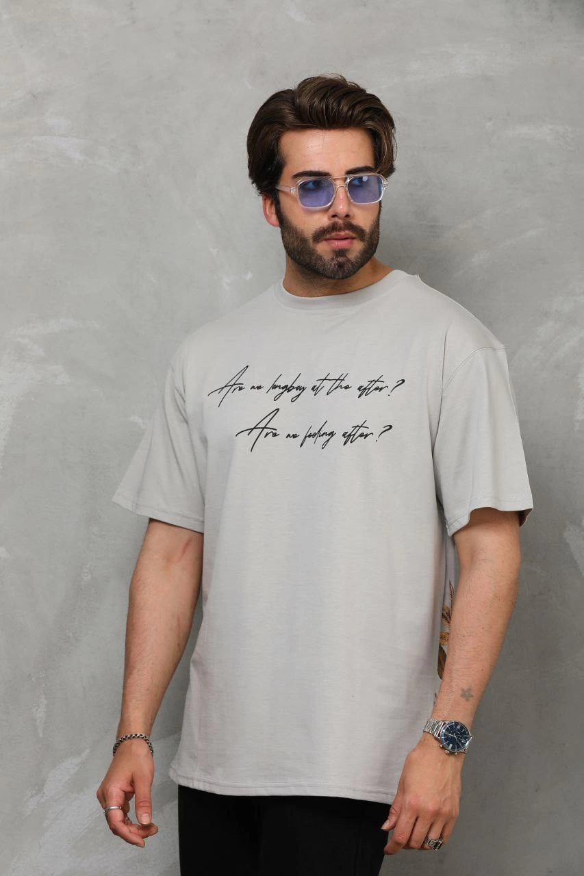 Erkek  Bisiklet Yaka Baskılı Oversize T-Shirt - Gri