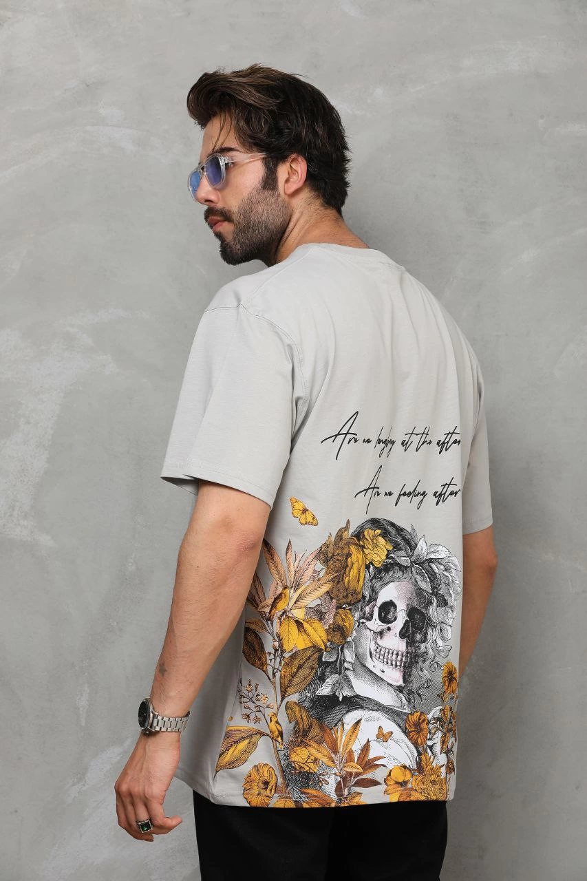 Erkek  Bisiklet Yaka Baskılı Oversize T-Shirt - Gri