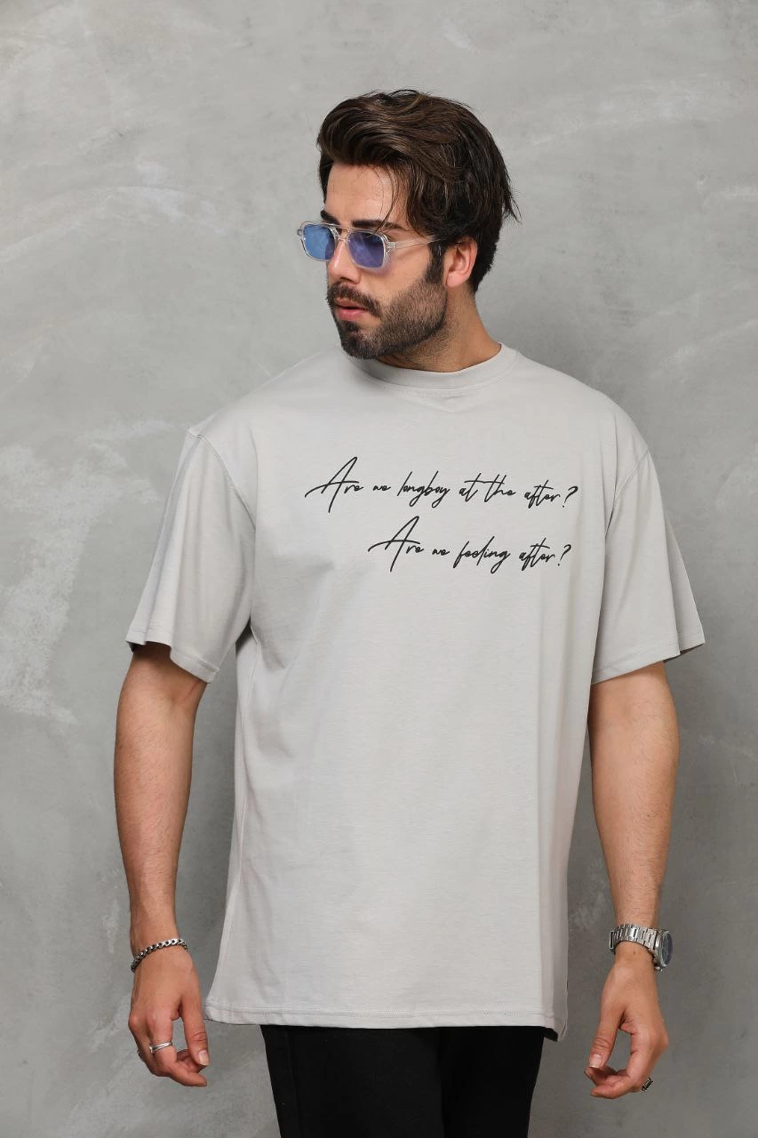 Erkek  Bisiklet Yaka Baskılı Oversize T-Shirt - Gri