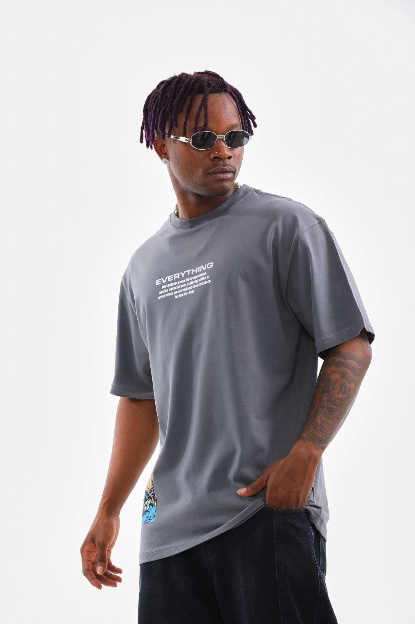 Erkek  Bisiklet Yaka Baskılı Oversize T-Shirt - Gri