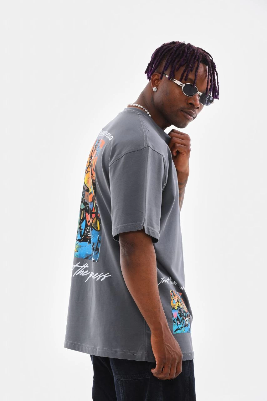 Erkek  Bisiklet Yaka Baskılı Oversize T-Shirt - Gri