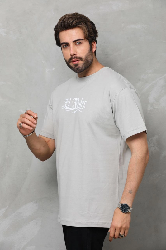 Erkek  Bisiklet Yaka Baskılı Oversize T-Shirt - Gri