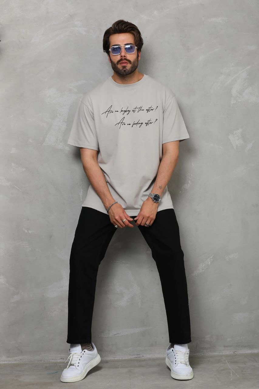 Erkek  Bisiklet Yaka Baskılı Oversize T-Shirt - Gri