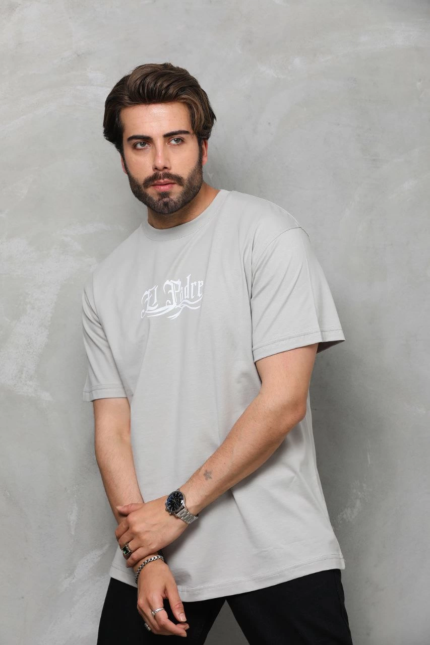 Erkek  Bisiklet Yaka Baskılı Oversize T-Shirt - Gri