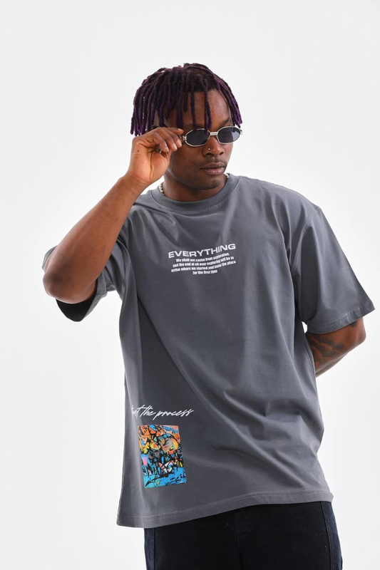 Erkek  Bisiklet Yaka Baskılı Oversize T-Shirt - Gri