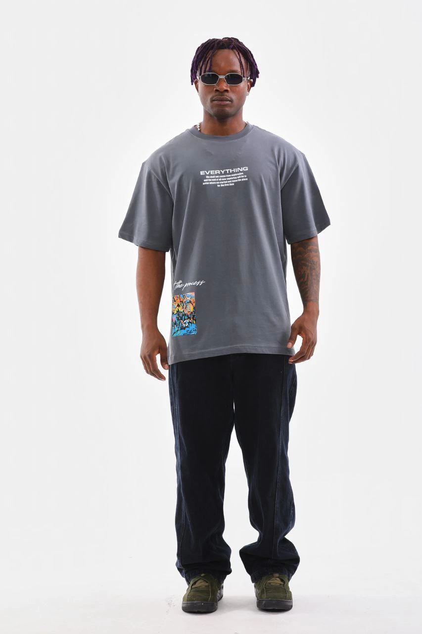 Erkek  Bisiklet Yaka Baskılı Oversize T-Shirt - Gri