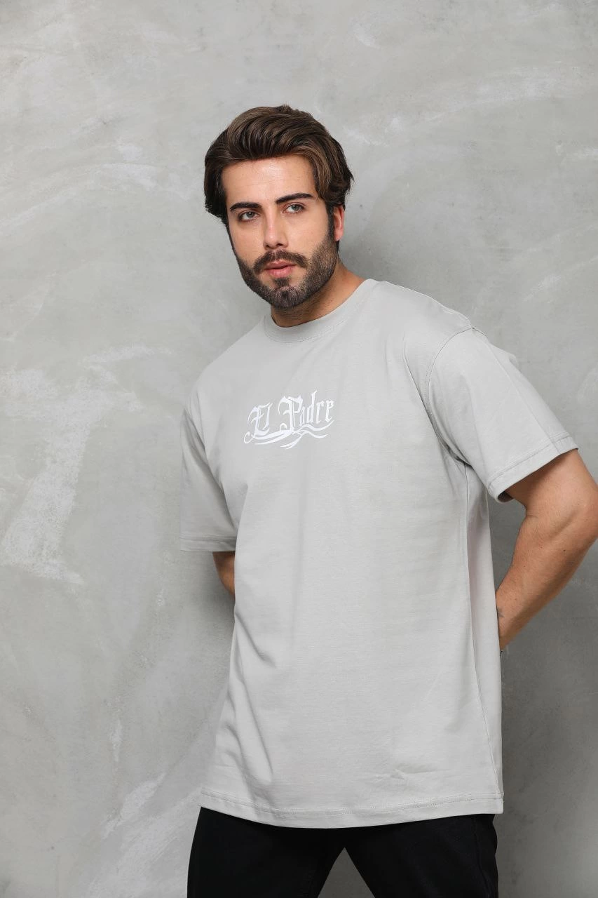 Erkek  Bisiklet Yaka Baskılı Oversize T-Shirt - Gri