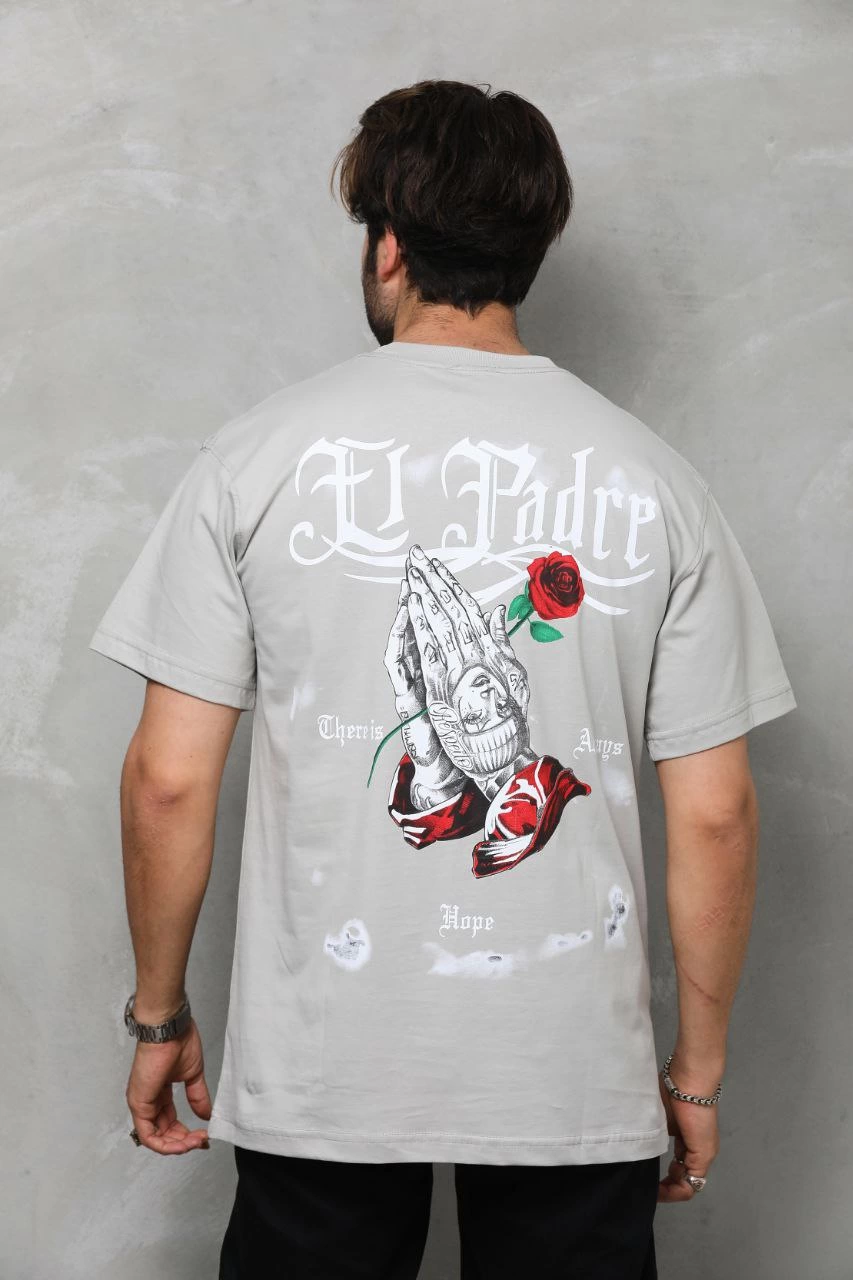 Erkek  Bisiklet Yaka Baskılı Oversize T-Shirt - Gri