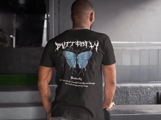 Erkek Bisiklet Yaka Kelebek Baskılı  Kısa kol  T-Shirt - Siyah