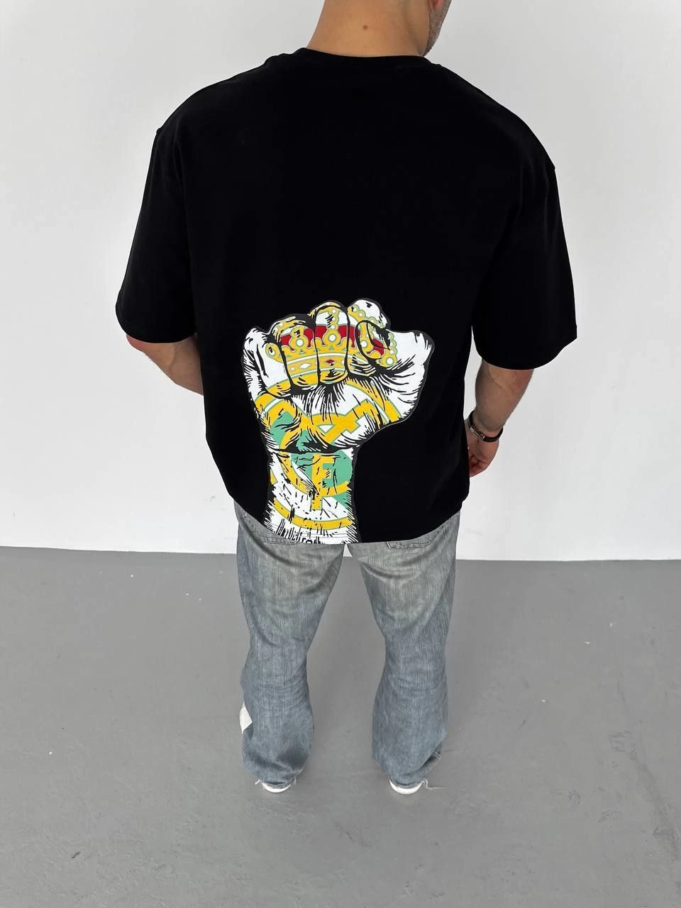 ERKEK Bisiklet Yaka Baskılı Oversize T-Shirt - Siyah