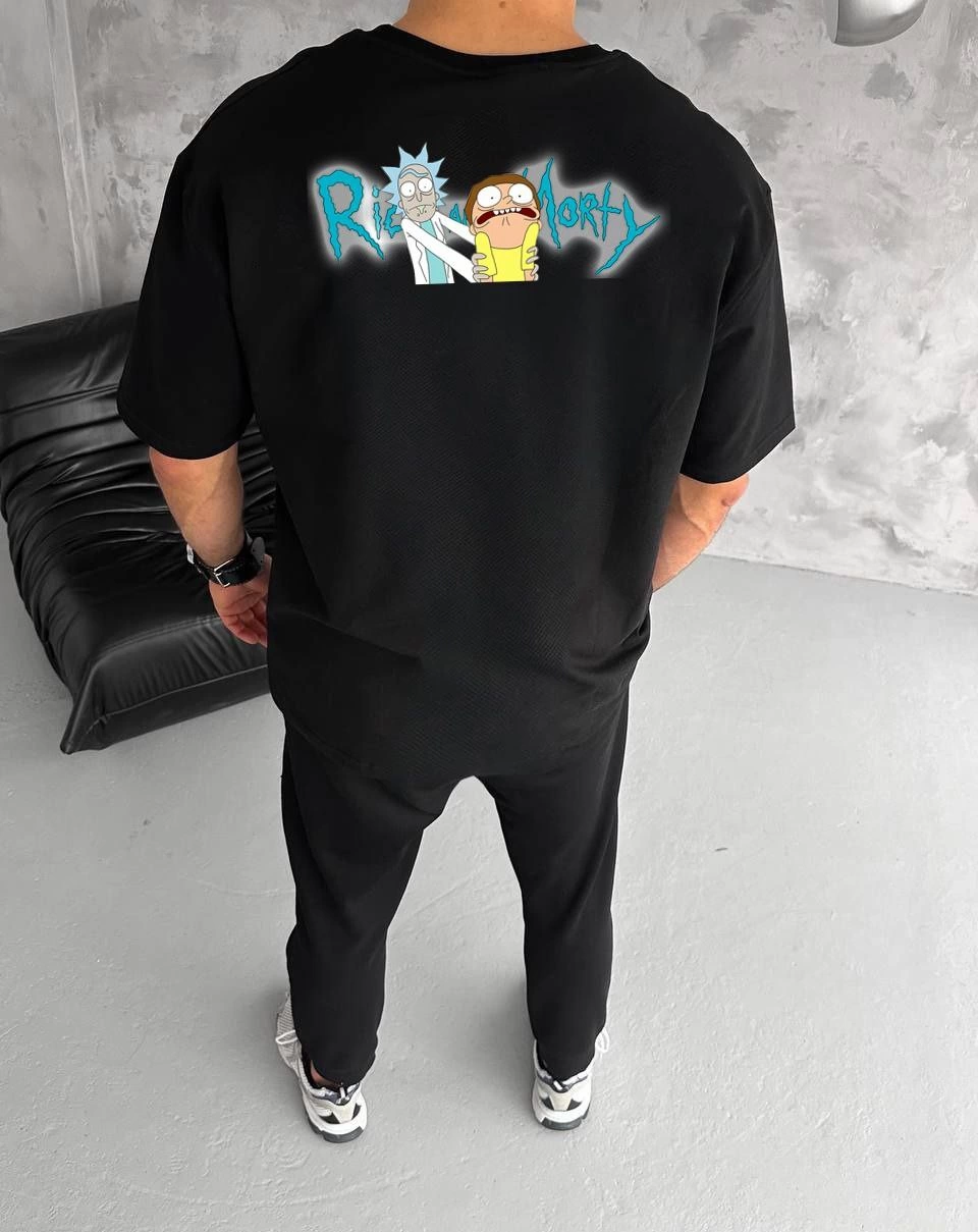 ERKEK Bisiklet Yaka ön ve sırt Baskılı Oversize T-Shirt - Siyah