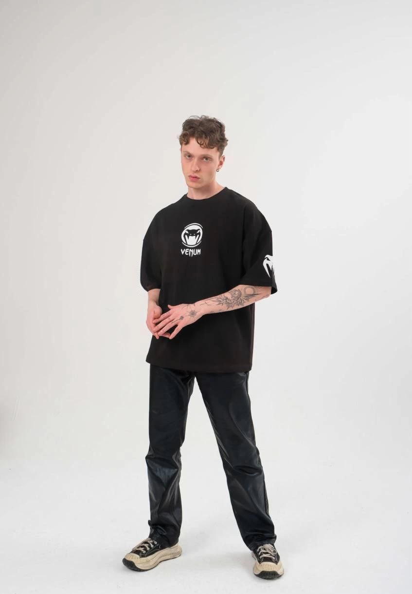 Erkek Bisiklet Yaka Baskılı  Kısa kol Oversize T-Shirt - Siyah