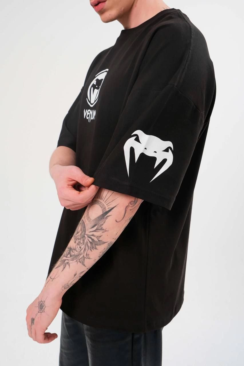 Erkek Bisiklet Yaka Baskılı  Kısa kol Oversize T-Shirt - Siyah