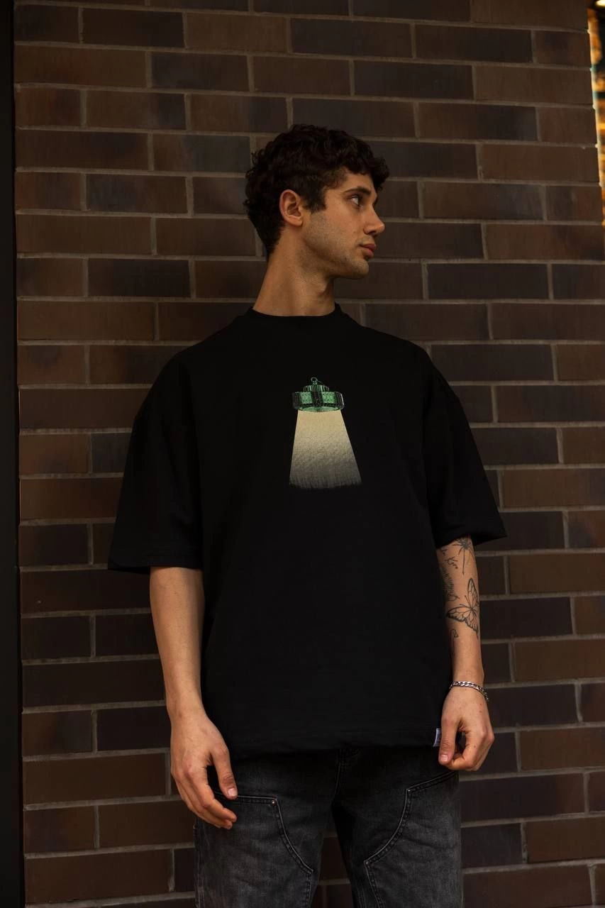 Erkek Bisiklet Yaka Baskılı Kısa kol T-Shirt - Siyah