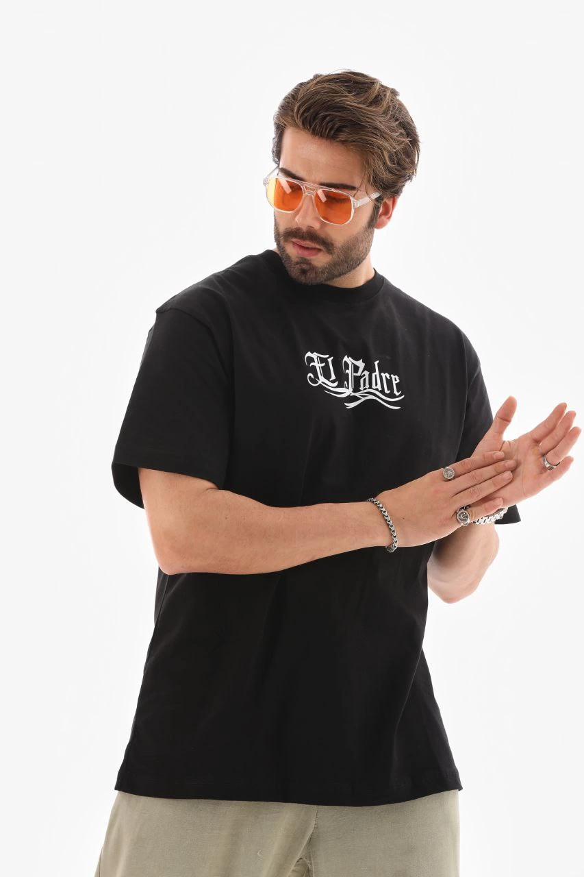 Erkek Bisiklet Yaka Baskılı Oversize T-Shirt - Siyah