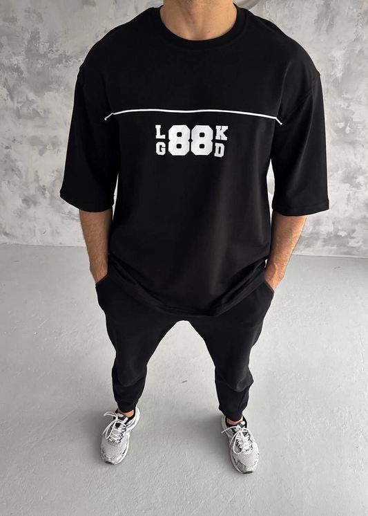 Erkek Bisiklet Yaka Baskılı Oversize T-Shirt - Siyah
