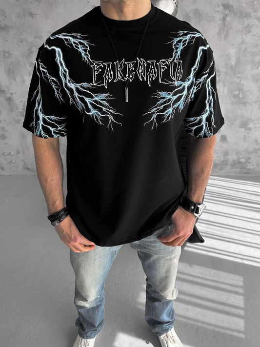 Erkek Yıldırım şimşek Baskılı T-Shirt Kısa Kol Bisiklet Yaka Tişört - Siyah