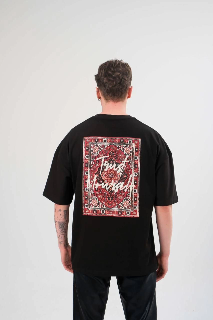 Erkek Bisiklet Yaka Baskılı  Kısa kol Oversize T-Shirt - Siyah