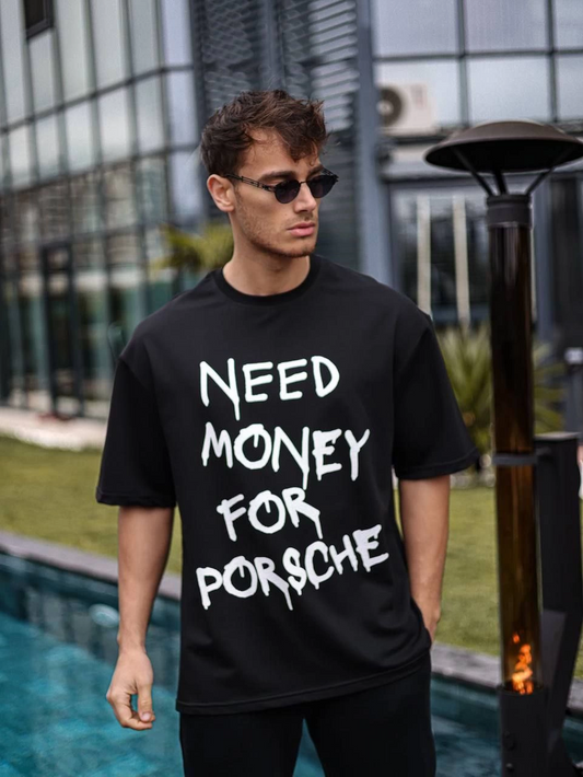 Erkek Bisiklet Yaka Baskılı  Kısa kol Oversize T-Shirt - Siyah