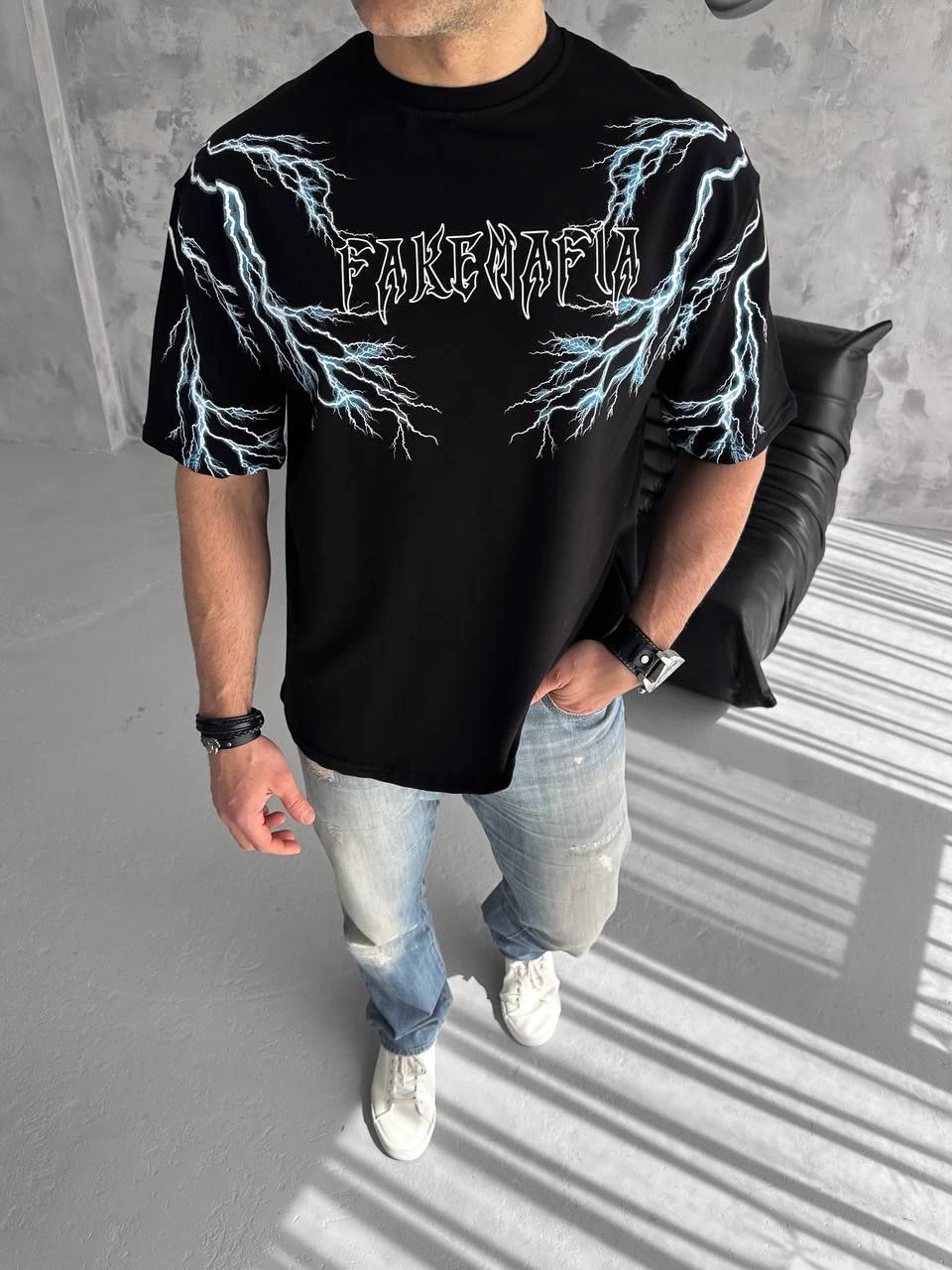 Erkek Yıldırım şimşek Baskılı T-Shirt Kısa Kol Bisiklet Yaka Tişört - Siyah