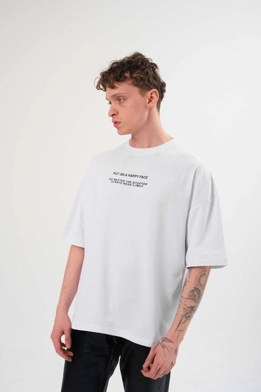 ERKEK Bisiklet Yaka Baskılı Oversize Kısa kol T-Shirt - Beyaz