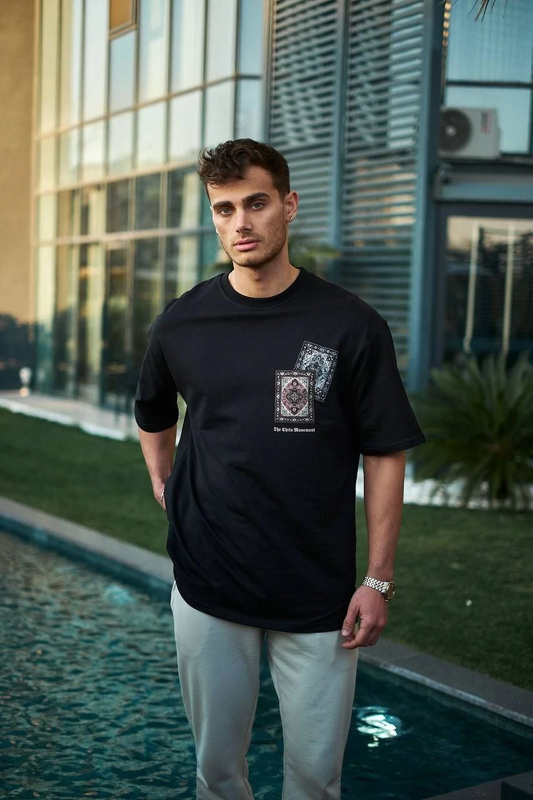 ERKEK Bisiklet Yaka Baskılı  Kısa kol Oversize T-Shirt - Siyah