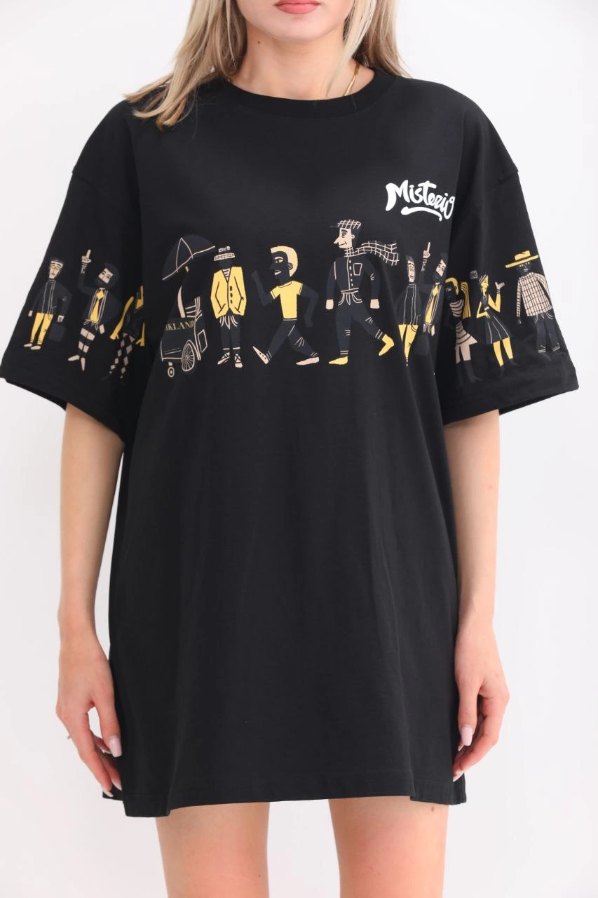 kadın  Bisiklet Yaka Baskılı Oversize T-Shirt - Siyah