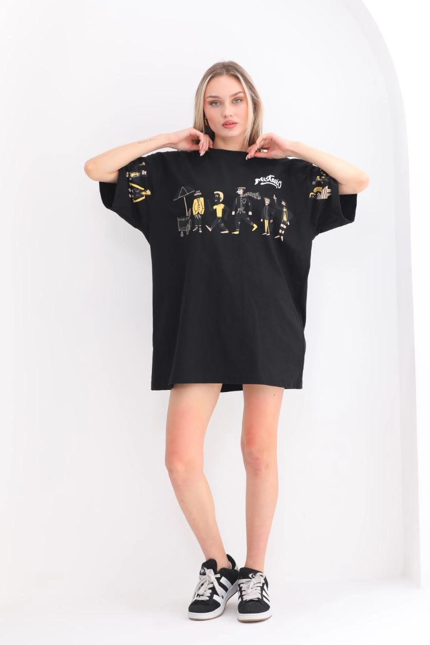 kadın  Bisiklet Yaka Baskılı Oversize T-Shirt - Siyah
