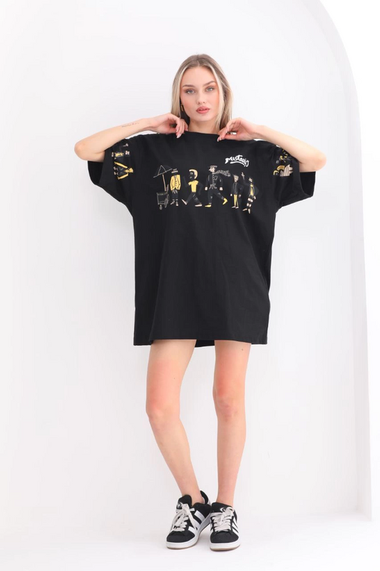 kadın  Bisiklet Yaka Baskılı Oversize T-Shirt - Siyah