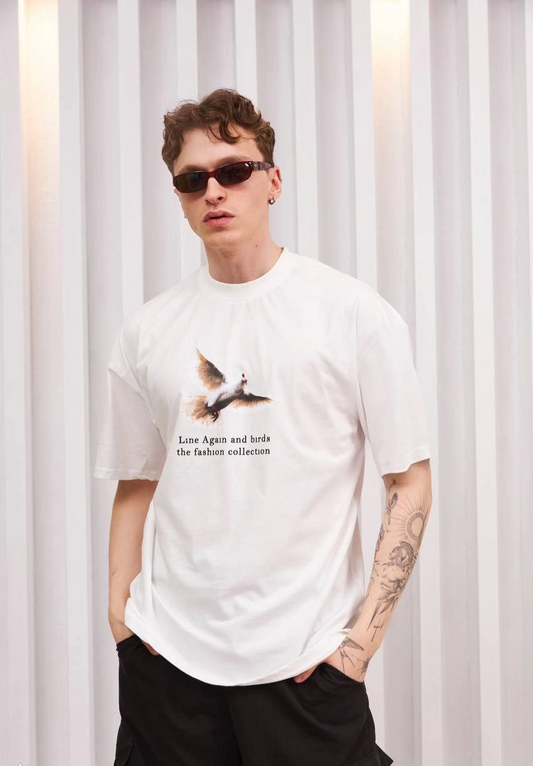 Erkek Bisiklet Yaka Baskılı  Kısa kol Oversize T-Shirt - Siyah