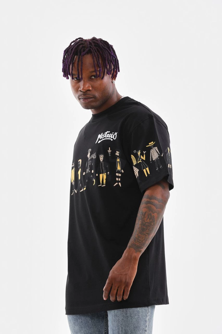 Erkek Bisiklet Yaka Baskılı Oversize T-Shirt - Siyah