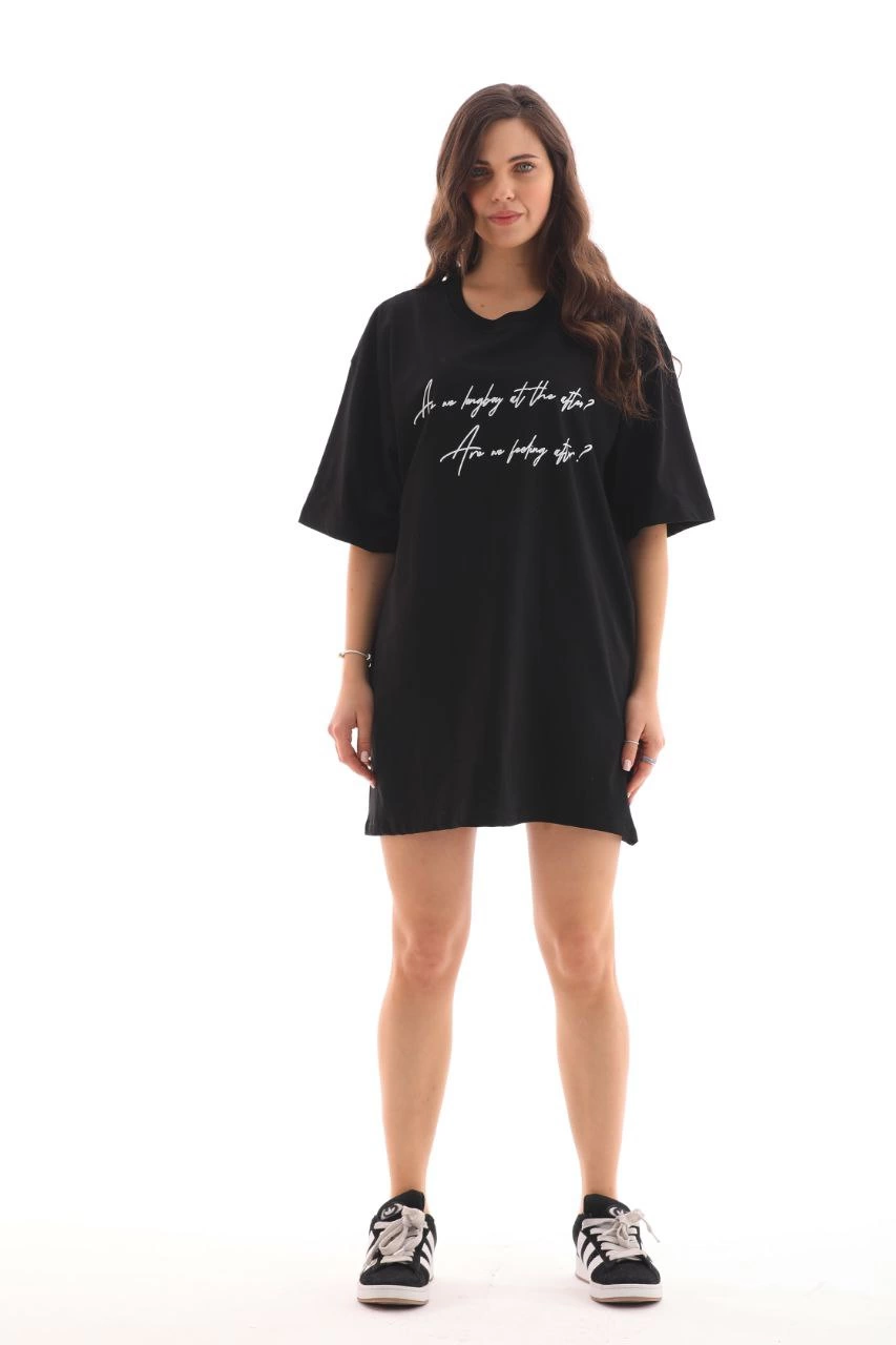 kadın  Bisiklet Yaka Baskılı Oversize T-Shirt - Siyah