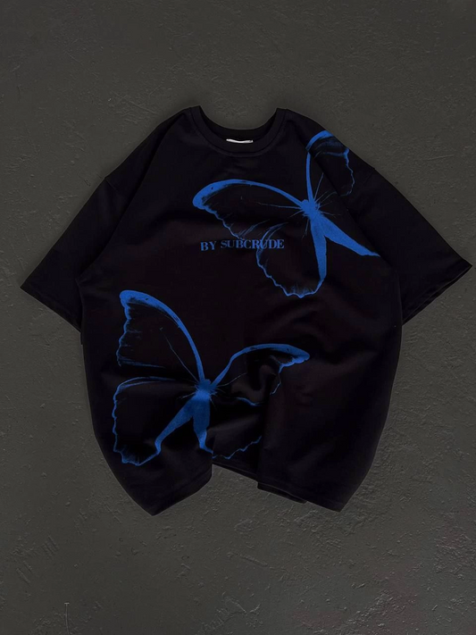 kadın Bisiklet Yaka Baskılı Oversize T-Shirt - Siyah