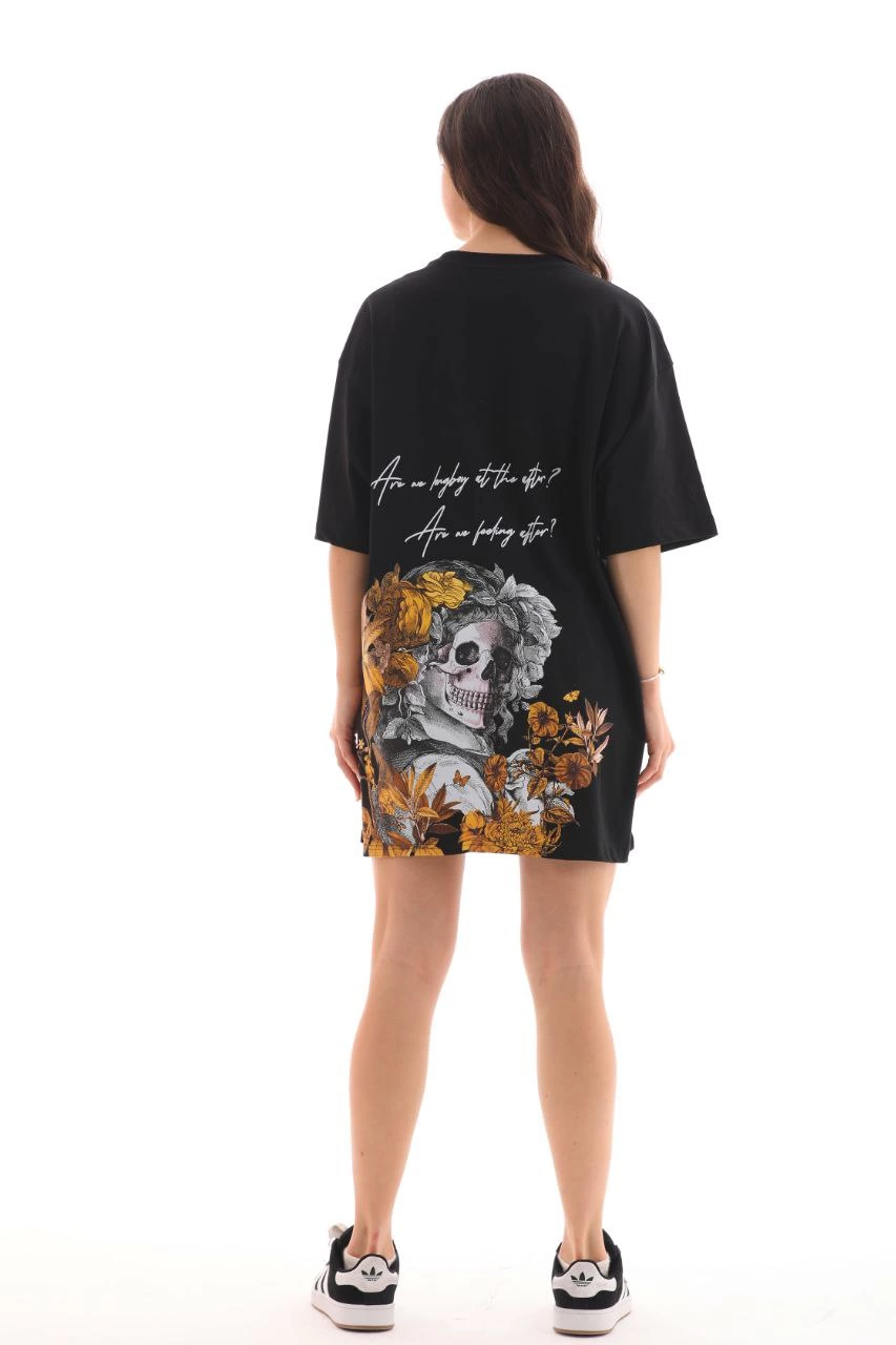 kadın  Bisiklet Yaka Baskılı Oversize T-Shirt - Siyah
