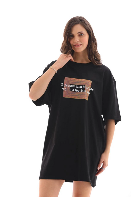 Kadın Baskılı T-Shirt Kısa Kol Bisiklet Yaka Ovarsize Rahat Kalıp Tişört -  Siyah