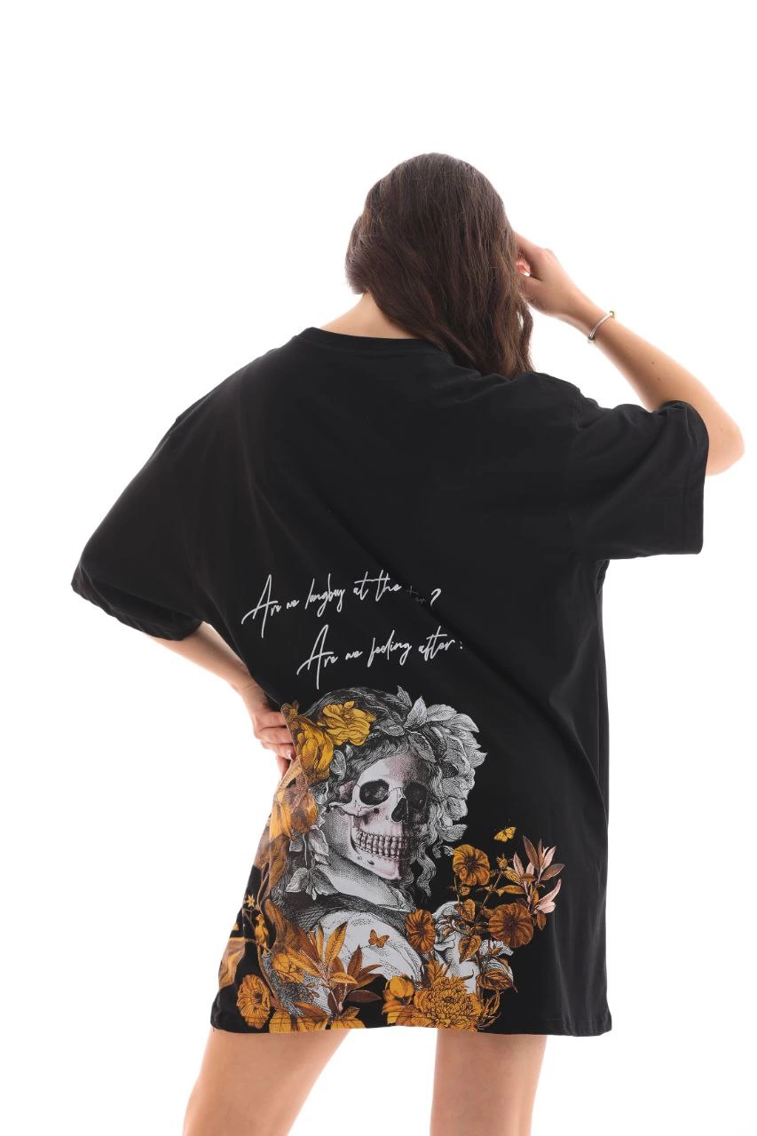 kadın  Bisiklet Yaka Baskılı Oversize T-Shirt - Siyah