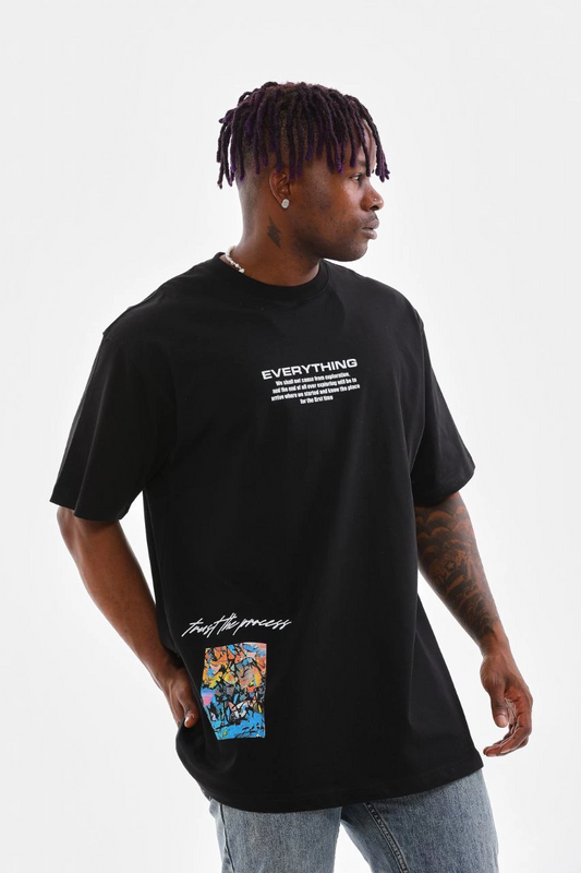 Erkek Bisiklet Yaka Baskılı Oversize T-Shirt - Siyah