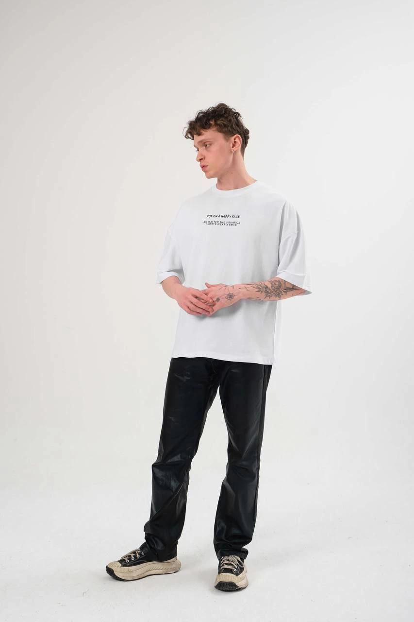 ERKEK Bisiklet Yaka Baskılı Oversize Kısa kol T-Shirt - Beyaz