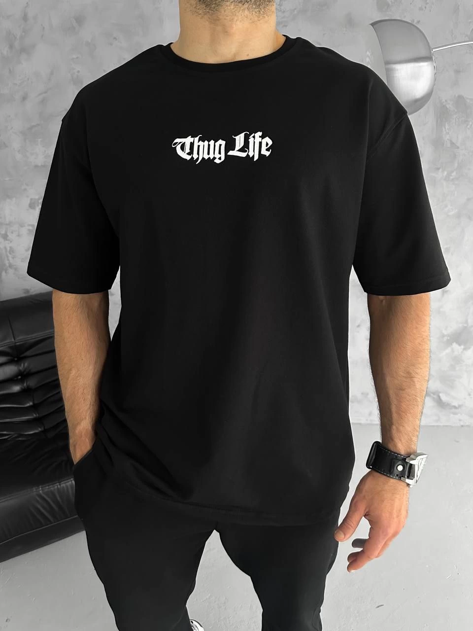 Erkek Bisiklet Yaka Baskılı Oversize  Kısa kol T-Shirt - Siyah