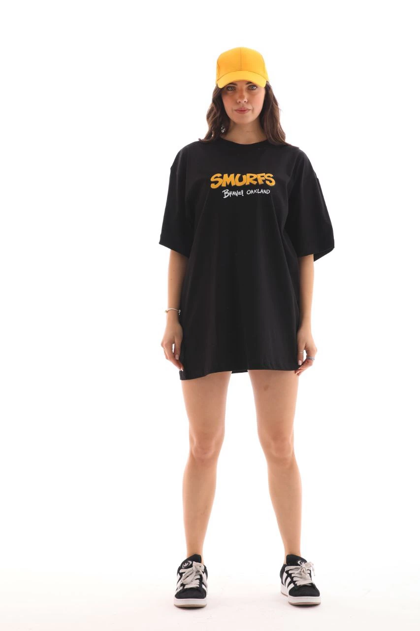 kadın  Bisiklet Yaka Baskılı Oversize T-Shirt - Siyah