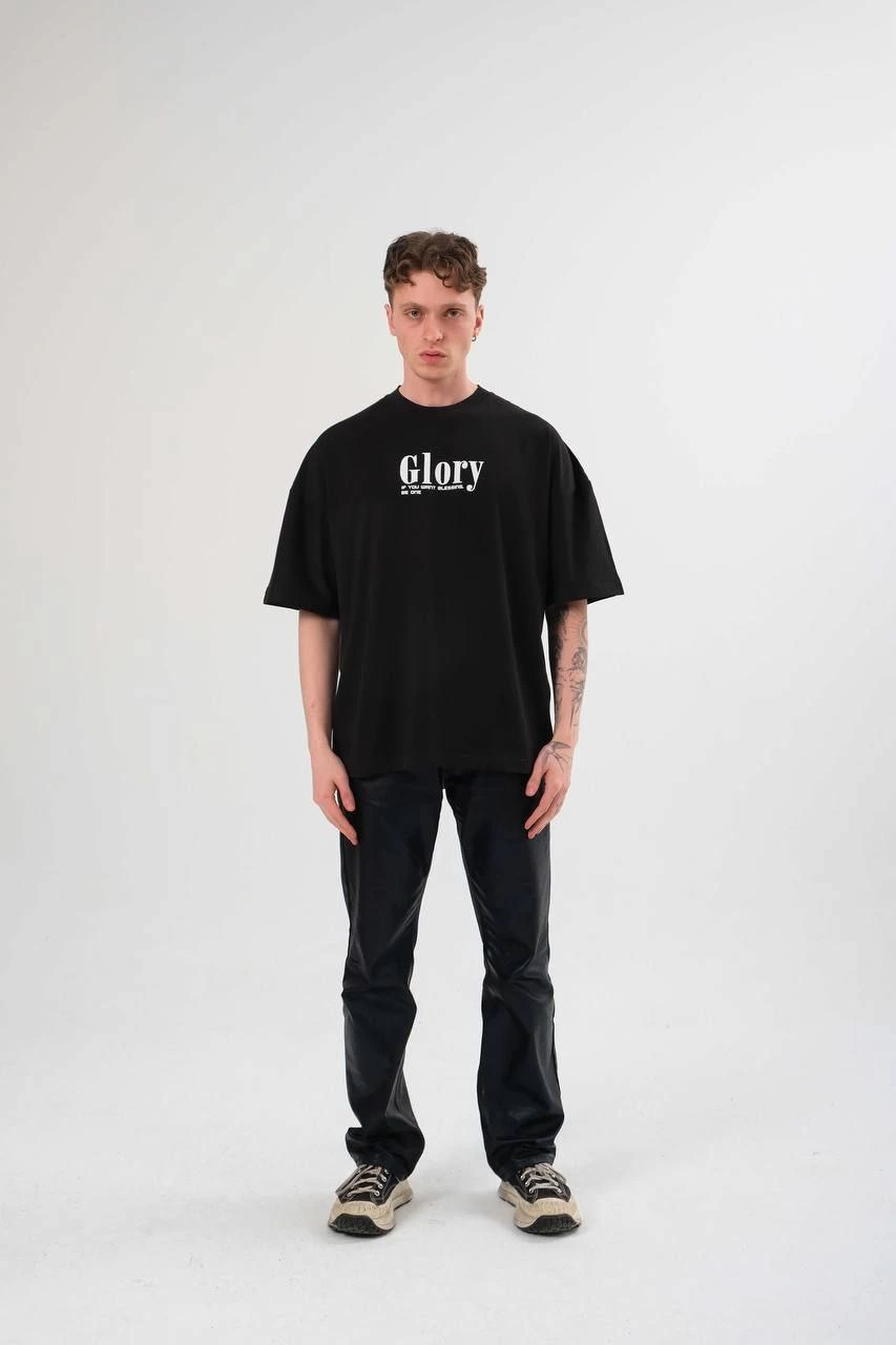 Erkek Bisiklet Yaka Baskılı  Kısa kol Oversize T-Shirt - Siyah