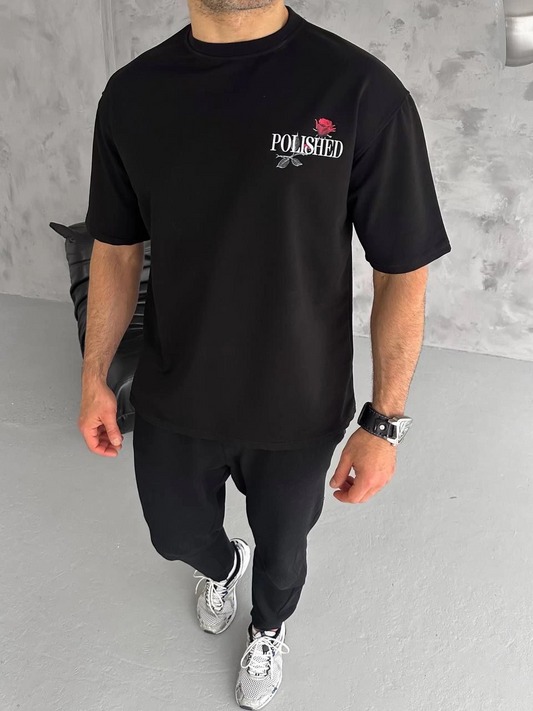 Erkek Bisiklet Yaka Baskılı Kısa kol T-Shirt - Siyah
