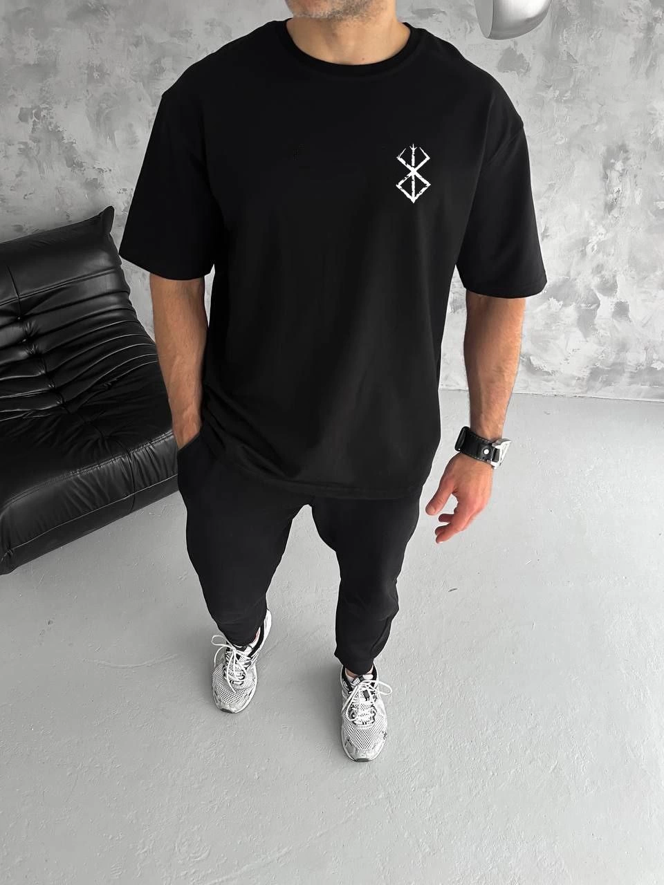 ERKEK Bisiklet Yaka Baskılı Oversize T-Shirt - Siyah